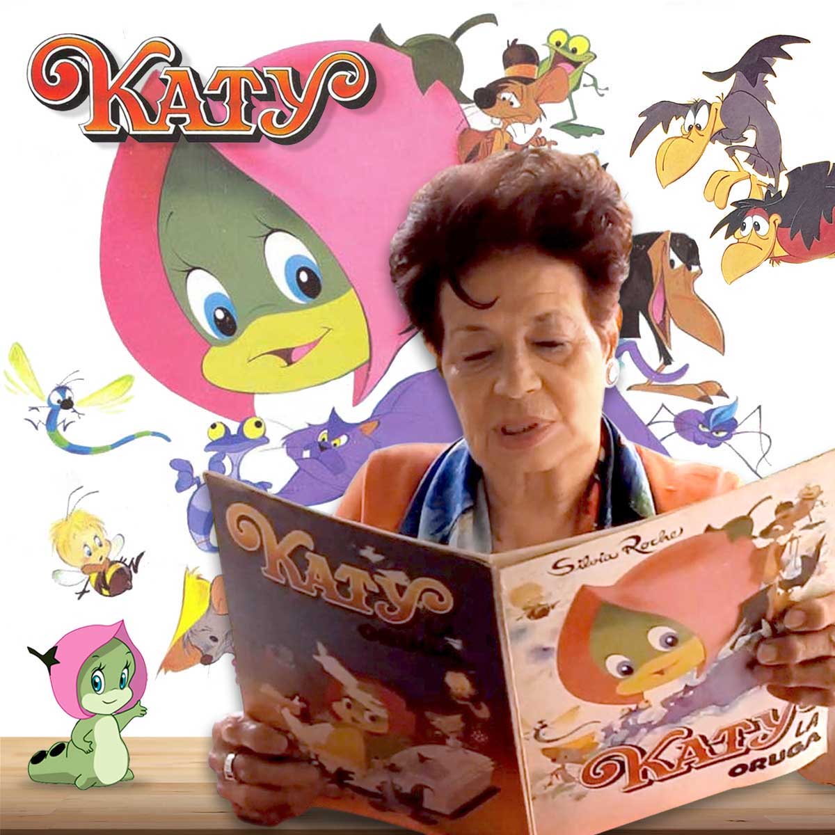 Silvia Roche con el cuento ilustrado de su autoría, Katy la Oruga