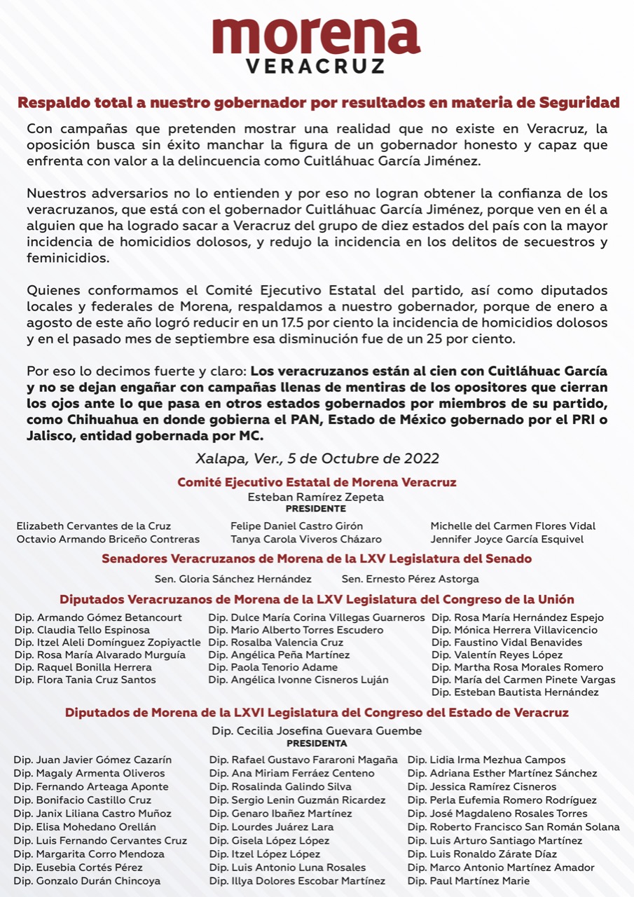 Respaldo total a nuestro gobernador por resultados en materia de Seguridad:  CEE de Morena, Senadores, Diputados Federales y Locales de Morena | La  Jornada Veracruz